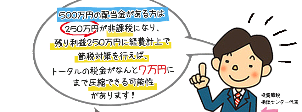 500万円の配当金がある方は250万円が非課税になり、残り利益250万円に経費計上で節税対策を行えば、トータルの税金がなんと7万円にまで圧縮できる可能性があります！