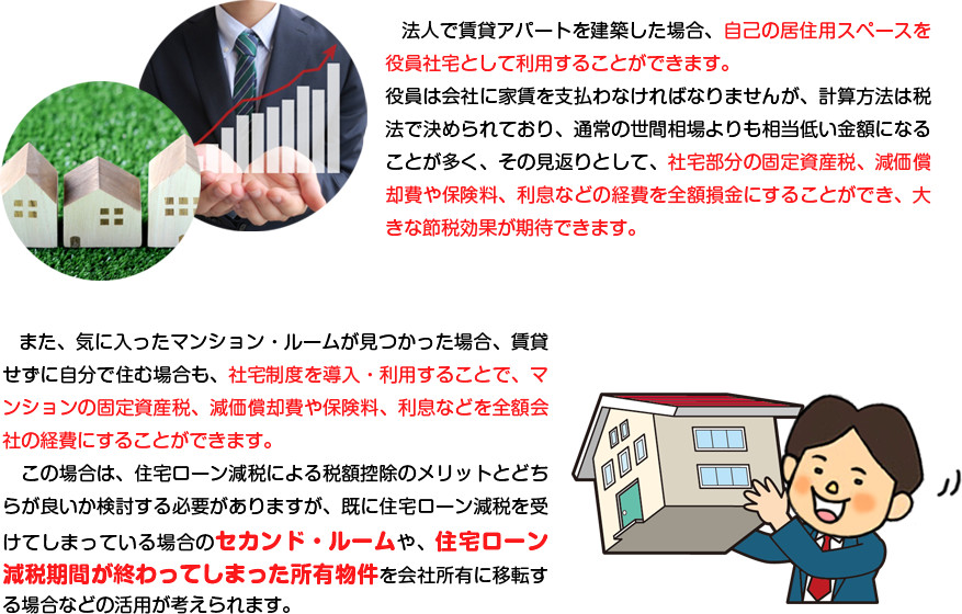 法人で賃貸アパートを建築した場合、自己の居住用スペースを役員社宅として利用することができます。また、気に入ったマンション・ルームが見つかった場合、賃貸せずに自分で住む場合も、社宅制度を導入・利用することで、マンションの固定資産税、減価償却費や保険料、利息などを全額会社の経費にすることができます。