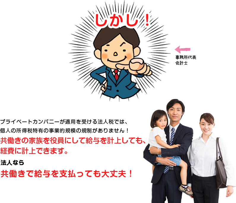 しかし!プライベートカンパニーが適用を受ける法人税では、個人の所得税特有の事業的規模の規制がありません!共働きの家族を役員にして給与を計上しても、経費に計上できます。法人なら共働きで給与を支払っても大丈夫!